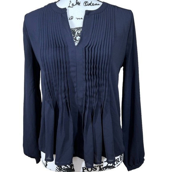 Ann Taylor Petite Navy Blue sheer pleated  long sleeve top size S academia work - Picture 1 of 14